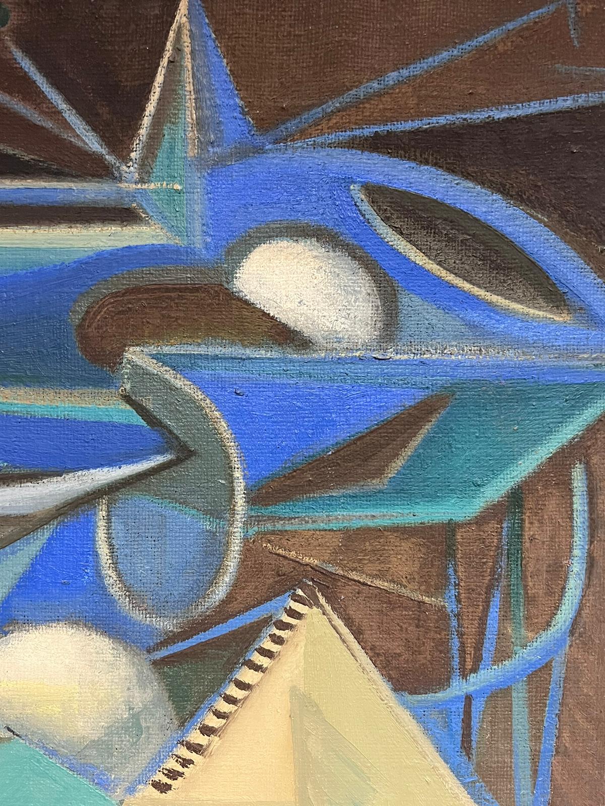 1950's Französisch Surrealist signiert Ölgemälde Kubistisch Blau Grün Creme Abstrakt im Angebot 1