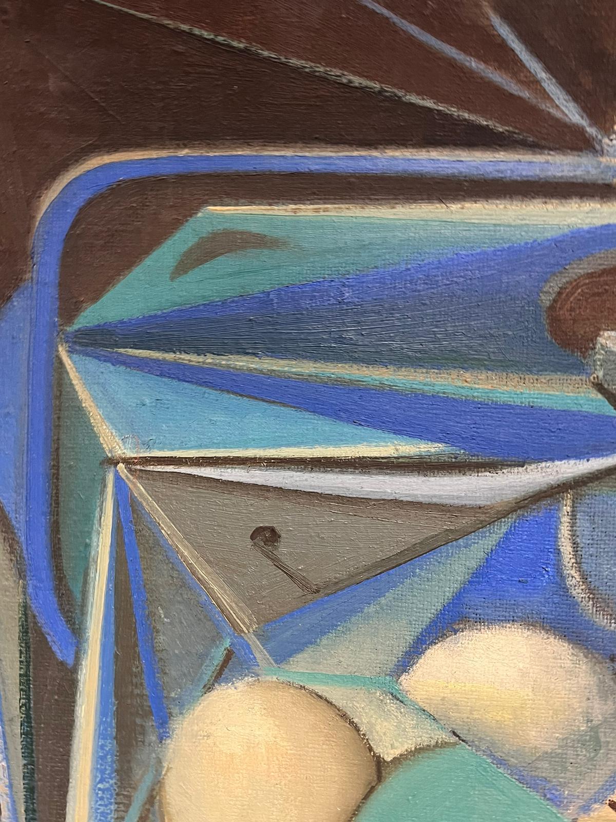 1950's Französisch Surrealist signiert Ölgemälde Kubistisch Blau Grün Creme Abstrakt im Angebot 2