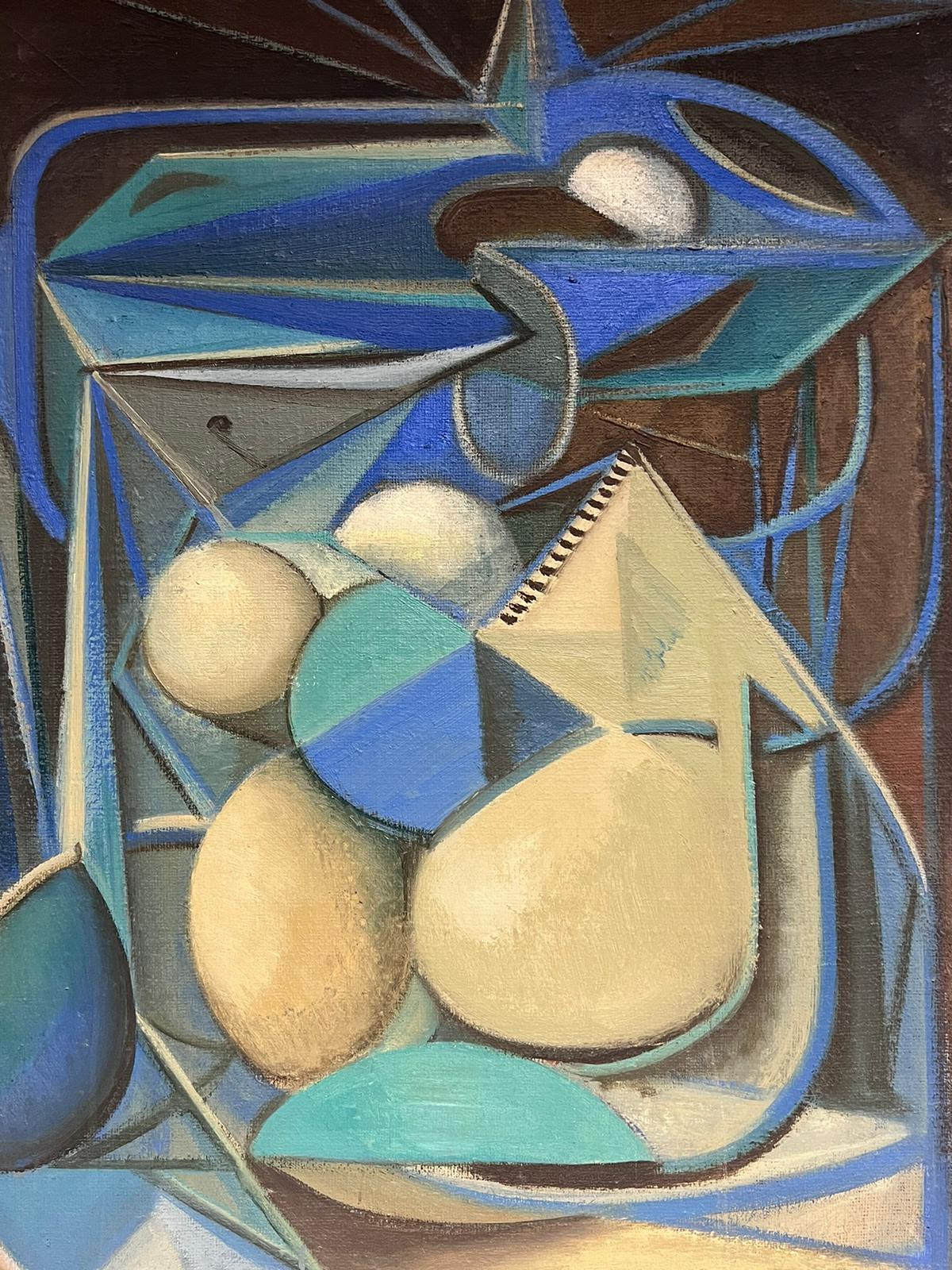 1950’s French Surrealist Signed Oil Painting Cubist Blue Green Cream Abstract For Sale 4