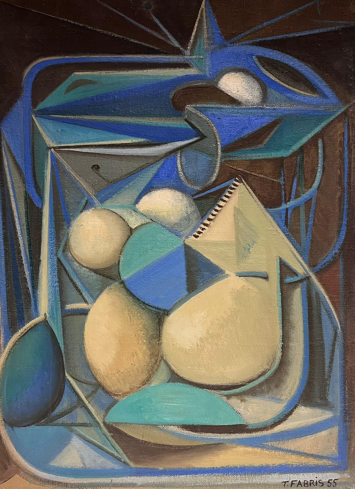T. Fabris Abstract Painting – 1950's Französisch Surrealist signiert Ölgemälde Kubistisch Blau Grün Creme Abstrakt