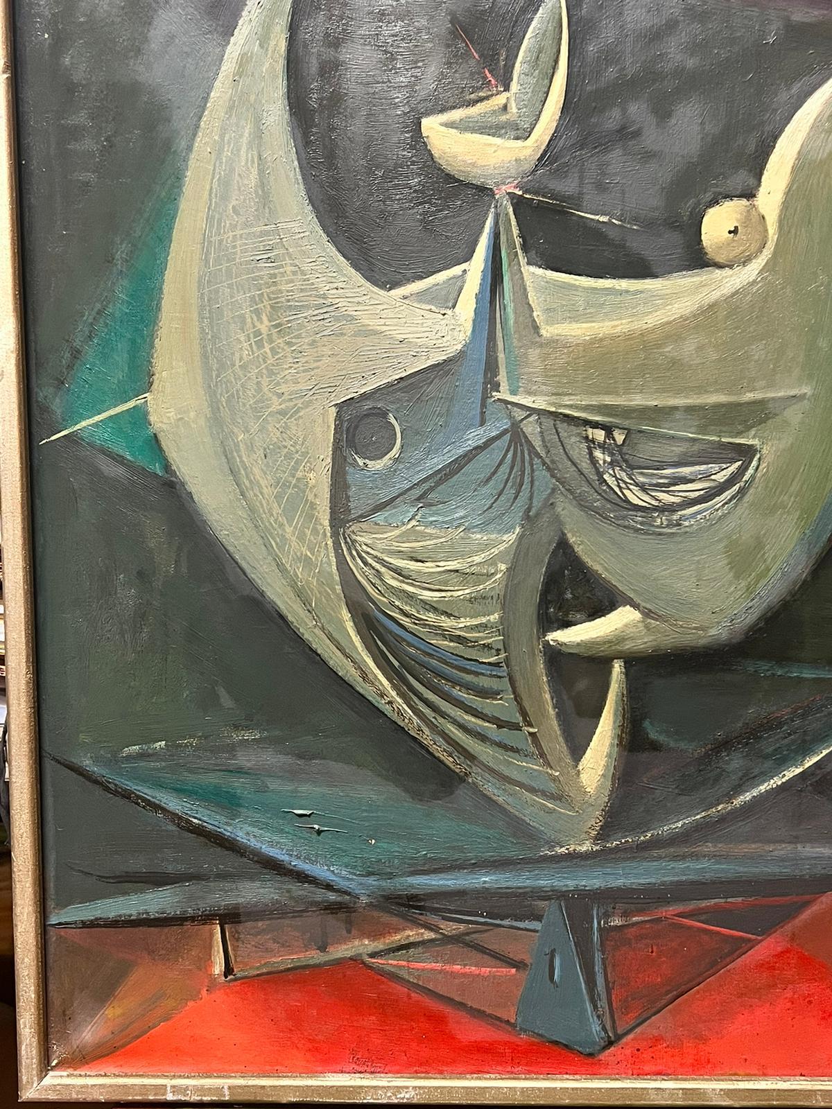 Pittura ad olio surrealista francese del 1950 firmata - Figurative Painting Grigio di T. Fabris