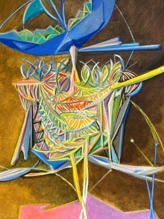 Signiertes Ölgemälde eines französischen Surrealisten aus den 1950er Jahren in Gelb, Rosa und Blau