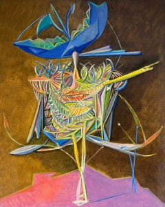Signiertes Ölgemälde eines französischen Surrealisten aus den 1950er Jahren in Gelb, Rosa und Blau