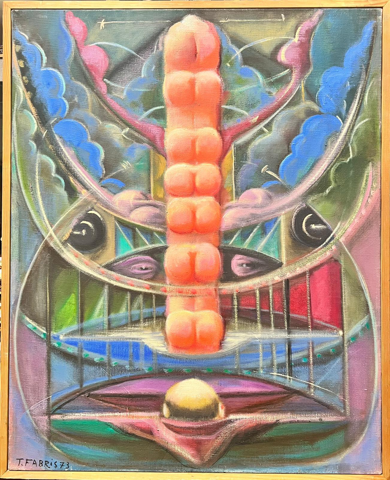 Tristan Fabris 1973, French surrealist artist
Abstract Surrealist composition 
oil on canvas, framed
framed: 33 x 27 inches
canvas: 32 x 25 inches
private collection, France
The painting is in overall very good and sound condition.
 