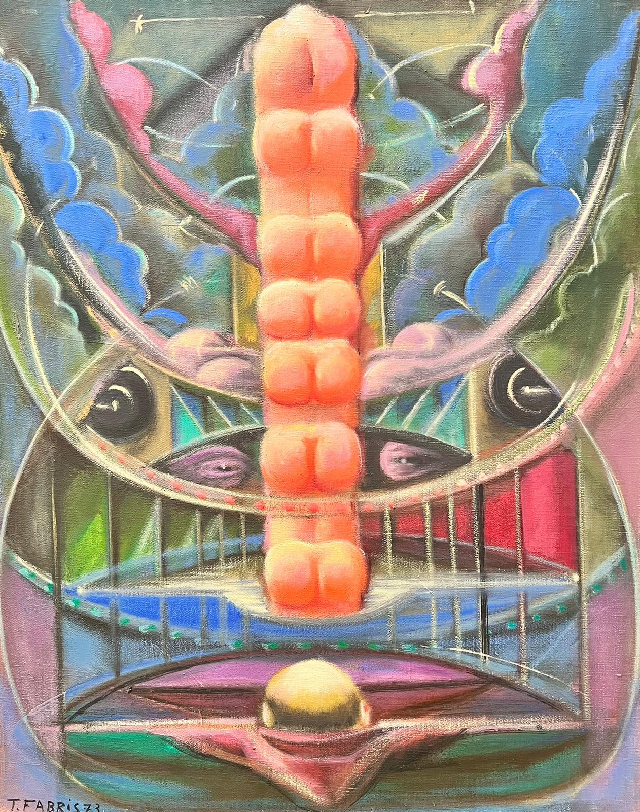 1970’s French Large Surrealist Abstract Oil Painting Pink Green Blues