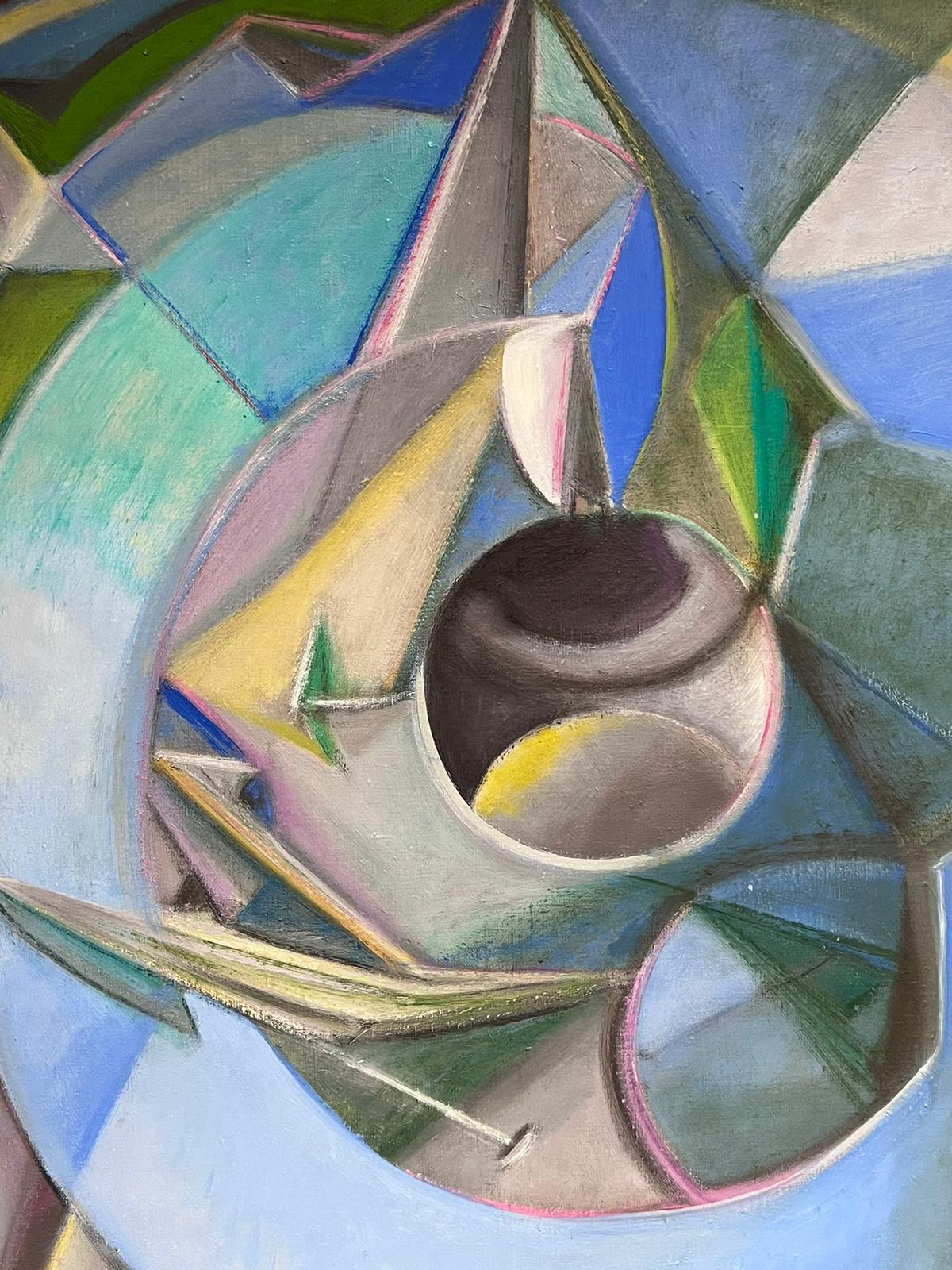 1970er Jahre Französisch Surrealist signiert Ölgemälde abstrakte kubistische Formen Muster – Painting von T. Fabris