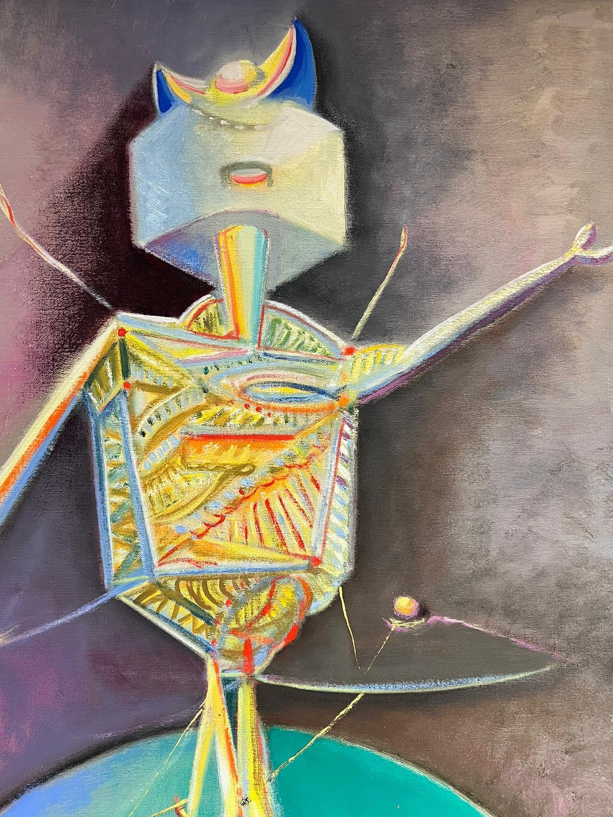 1970’s French Surrealist Signed Oil Painting Abstract Robot Sculpture For Sale 4