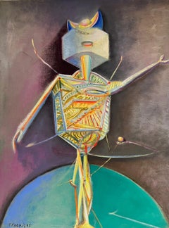 Pittura ad olio surrealista francese del 1970 firmata Scultura astratta di robot