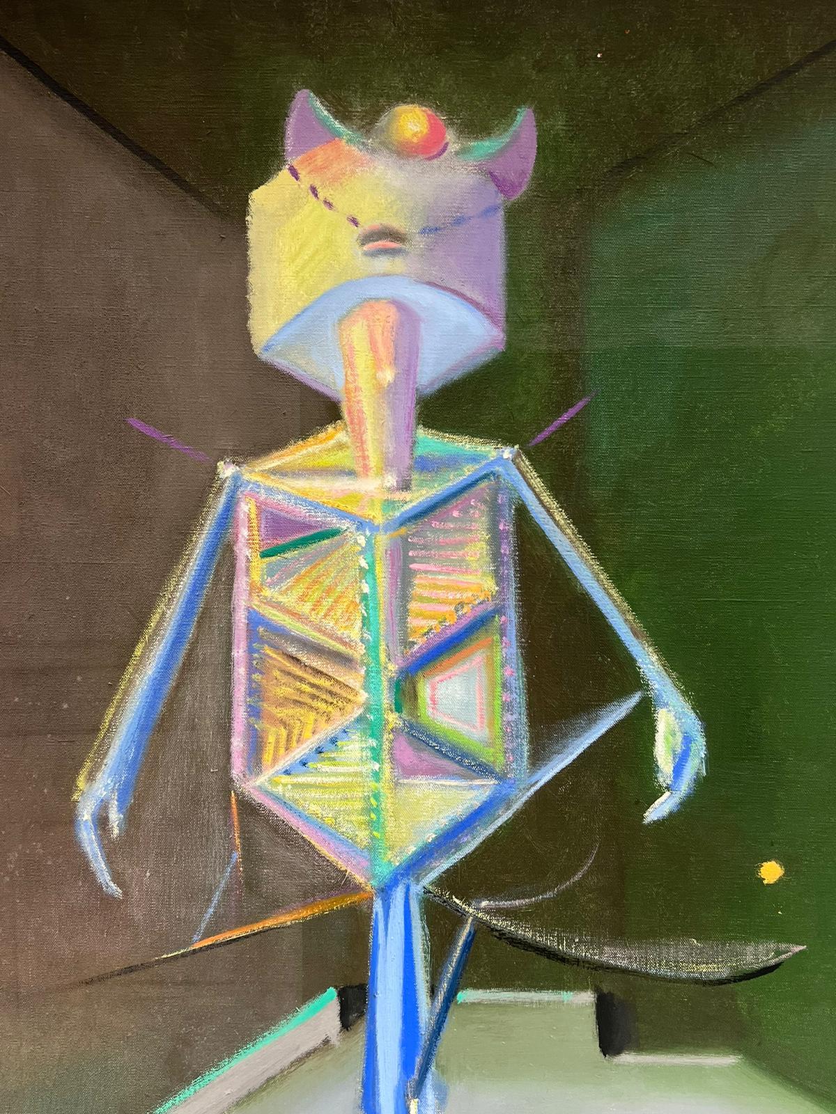 Pittura ad olio surrealista francese del 1970 firmata Figura robotica astratta - Painting di T. Fabris