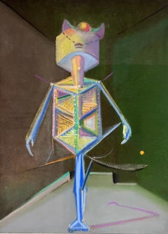 Peinture à l'huile surréaliste française des années 1970 signée Figure Robots abstraite