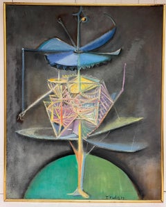 1970’s French Surrealist Signed Oil Painting Green Abstract Composition