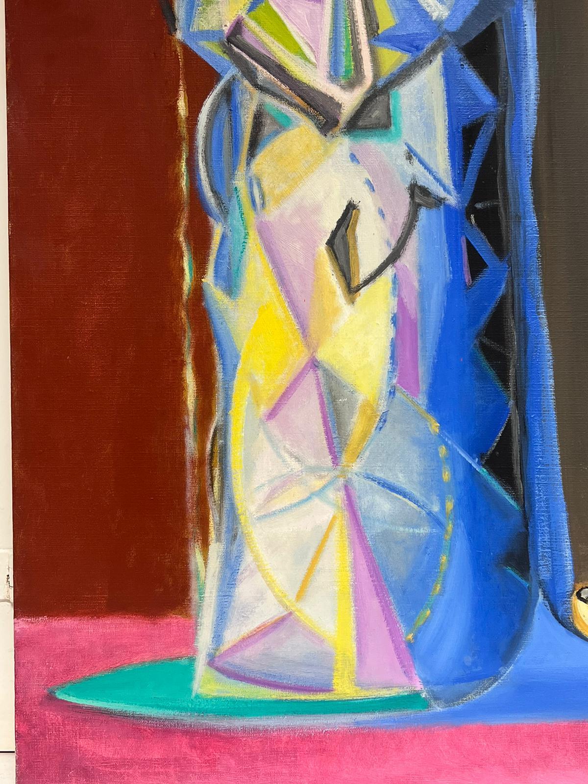 Pittura ad olio surrealista francese degli anni '70 firmata - Figura astratta di Pierrot rosa e rosso - Painting di T. Fabris