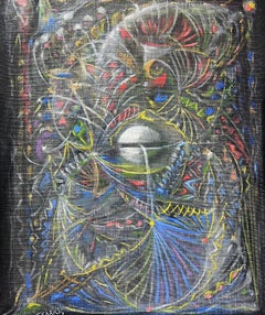 Peinture à l'huile surréaliste française des années 1970 signée Formes et motifs en spirale