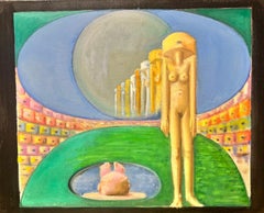 Surrealist French 1980's Huge Oil Painting Nude Sculpture in Green Landscape