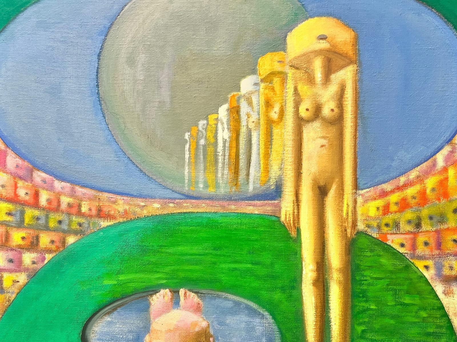 Pittura a olio surrealista francese del 1980: scultura di nudo in un paesaggio verde - Painting Surrealismo di T. Fabris