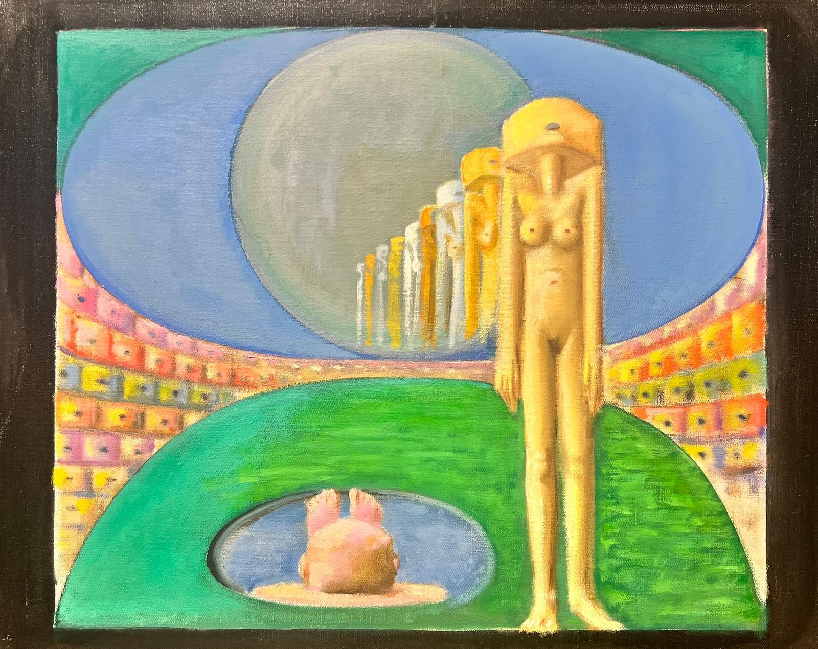 Pittura a olio surrealista francese del 1980: scultura di nudo in un paesaggio verde - Nude Painting Grigio di T. Fabris