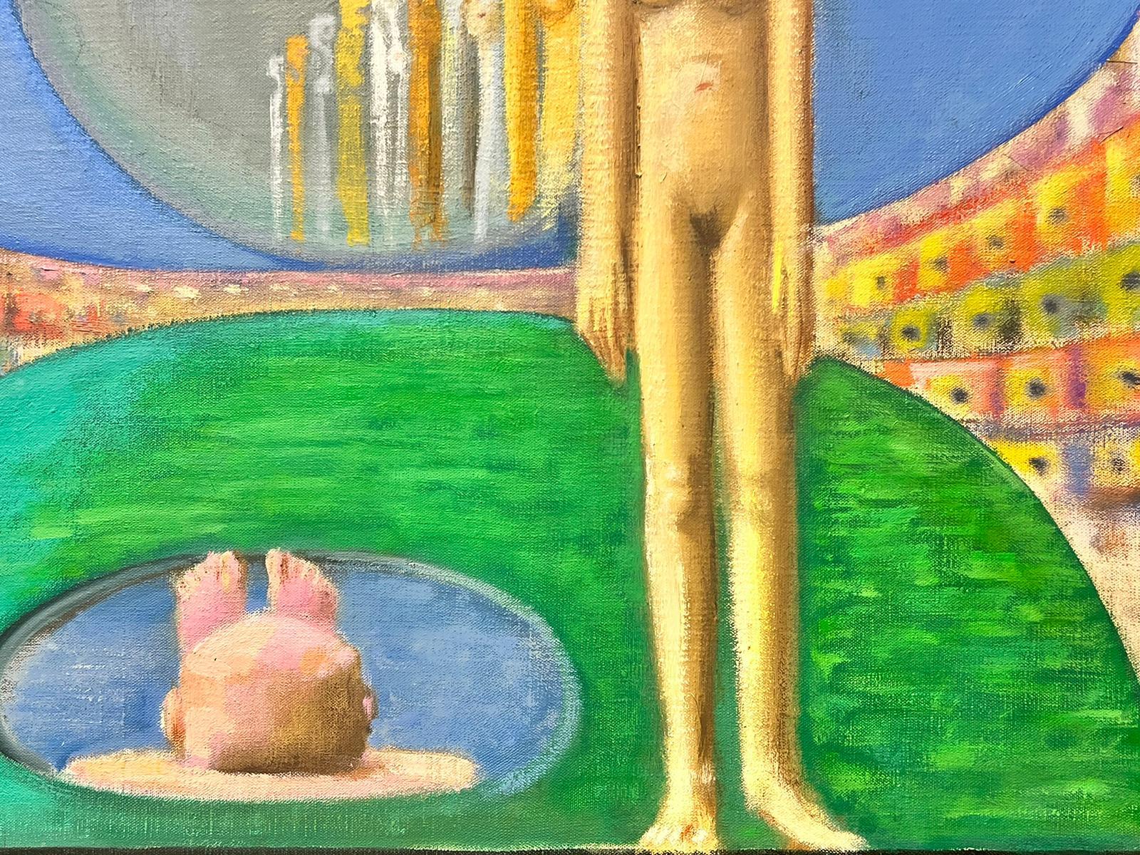 Pittura a olio surrealista francese del 1980: scultura di nudo in un paesaggio verde in vendita 1