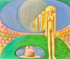 1980’s French Surrealist Huge Oil Painting Nude Sculpture in Green Landscape 