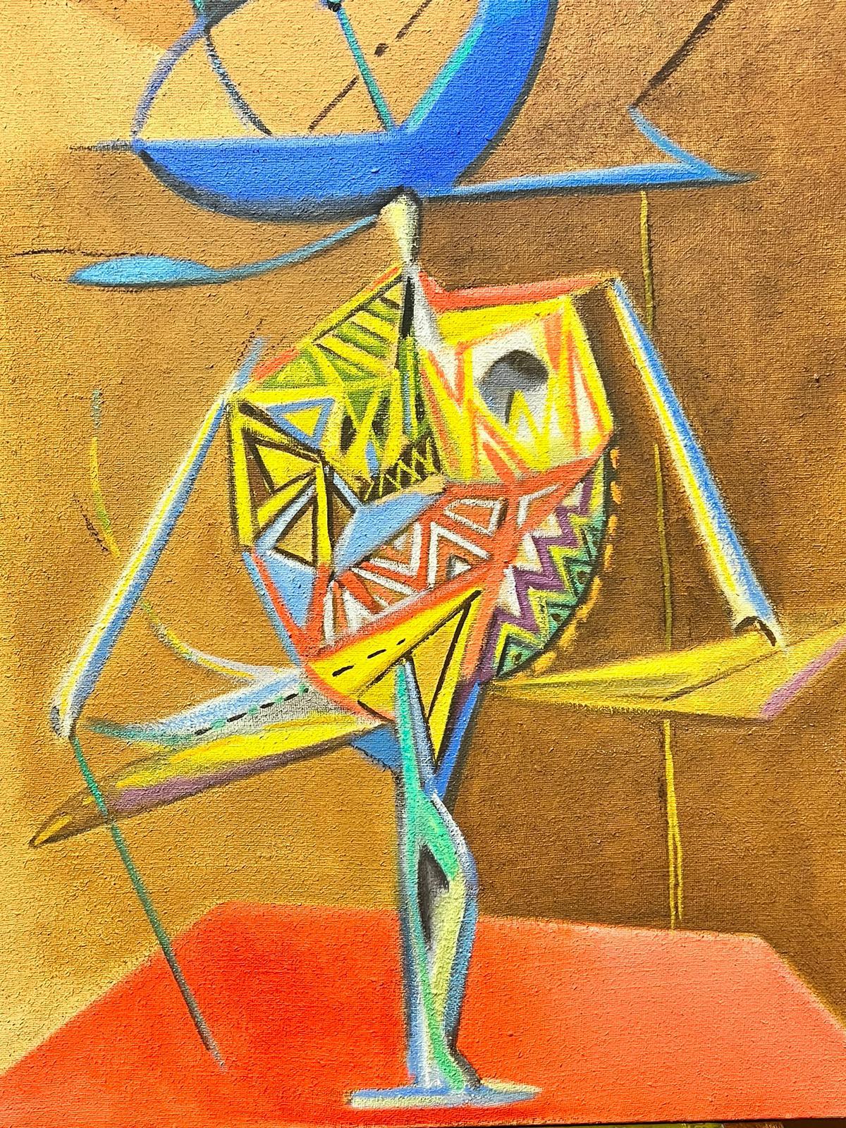 Pittura ad olio surrealista francese del 1980 Composizione figurativa astratta - Painting di T. Fabris