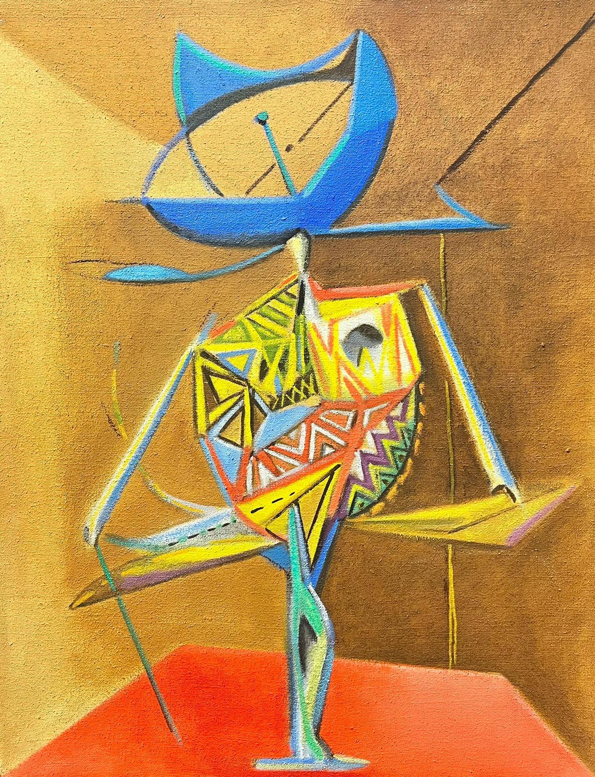 Peinture à l'huile surréaliste française des années 1980 Composition figurative abstraite 