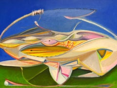 Pittura ad olio surrealista francese del 1980 firmata Composizione di forme astratte
