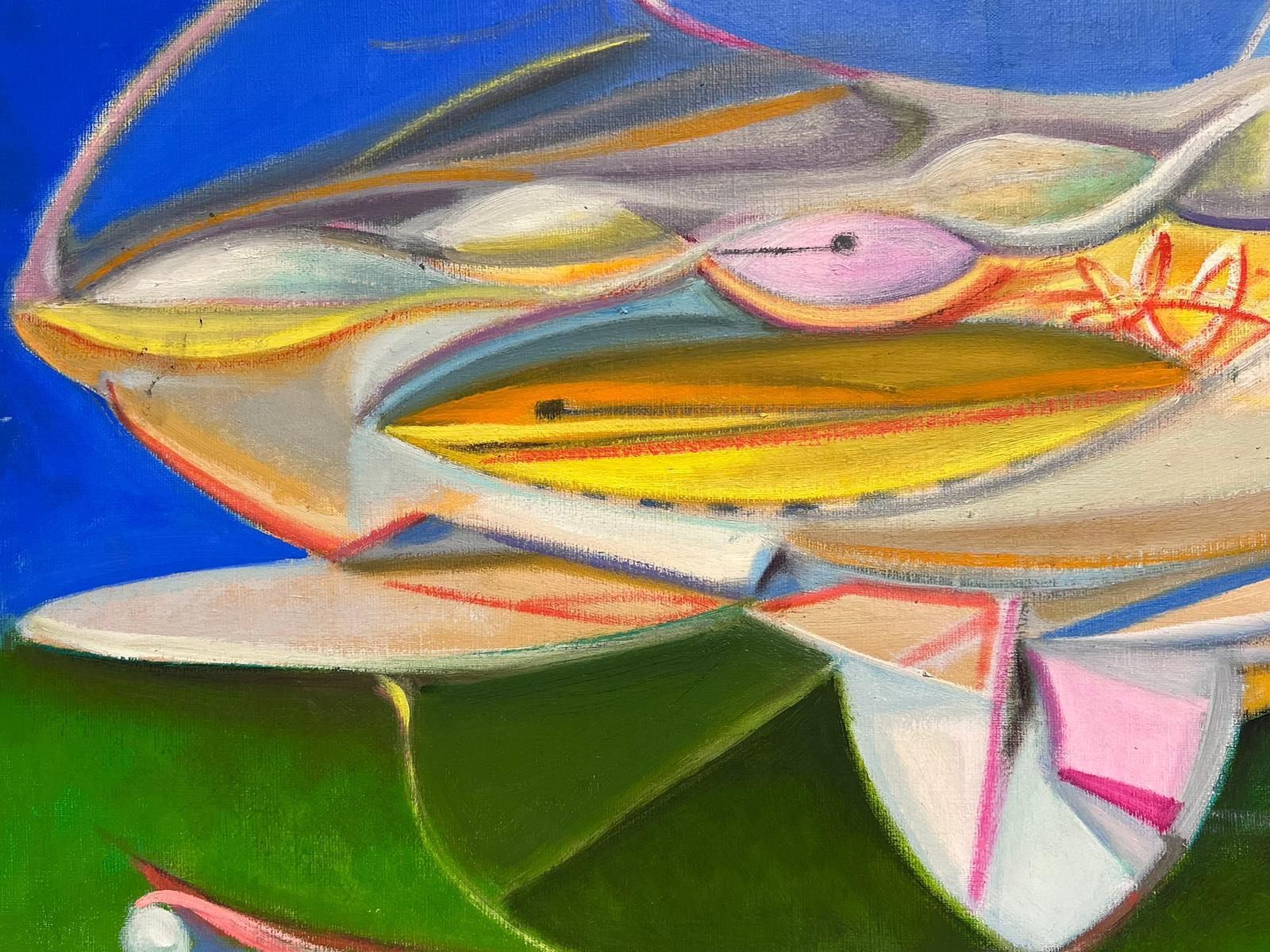 Pittura ad olio surrealista francese del 1980 firmata Composizione di forme astratte - Abstract Painting Blu di T. Fabris