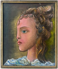 Siglo XX Pintura al óleo modernista francesa firmada Retrato de chica joven Verde
