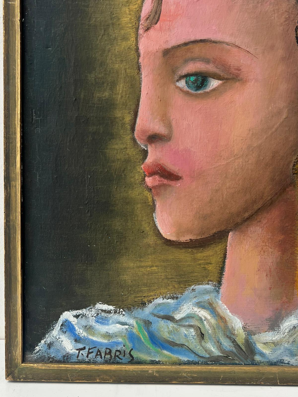 20th Century French Modernist Signed Oil Painting Portrait of Young Girl Green For Sale 2