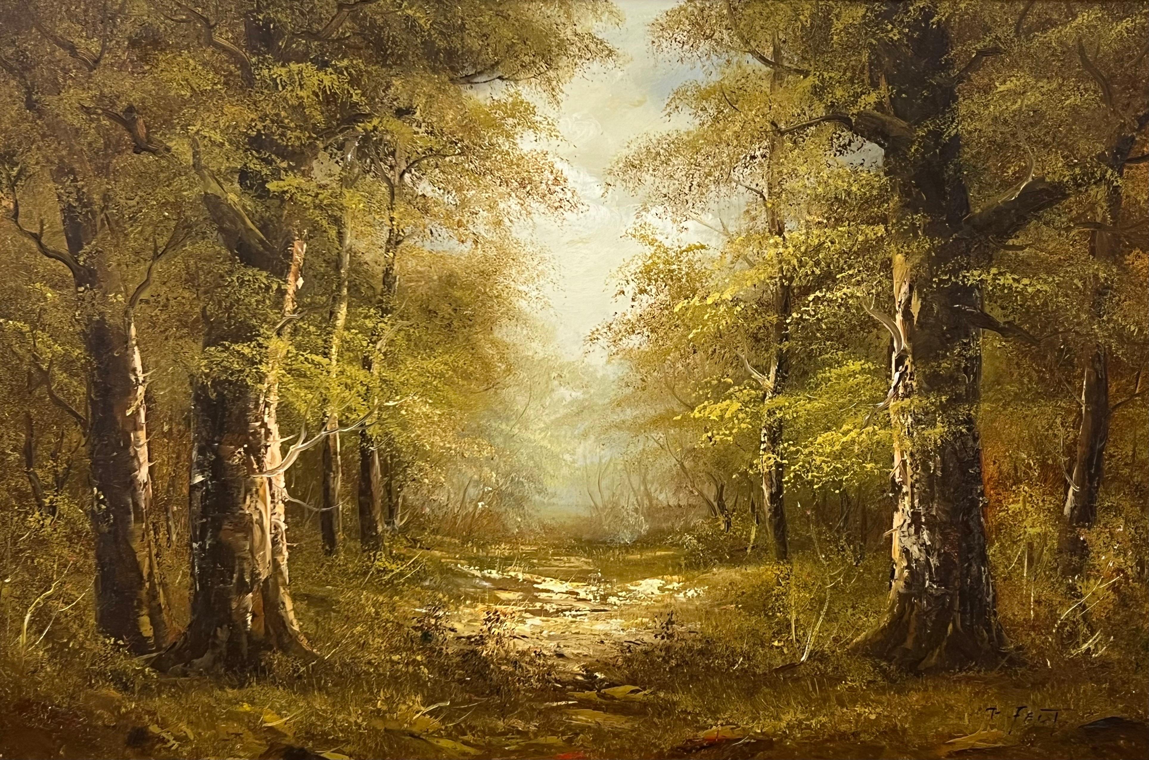 Atmospheric Impressionistic Painting of a Dense Forest in European Woodland. A skilfully painted depiction of a clearing in the trees, with light cascading through towards a path in the wood. 

Art measures 36 x 24 inches 
Frame measures 42 x 30
