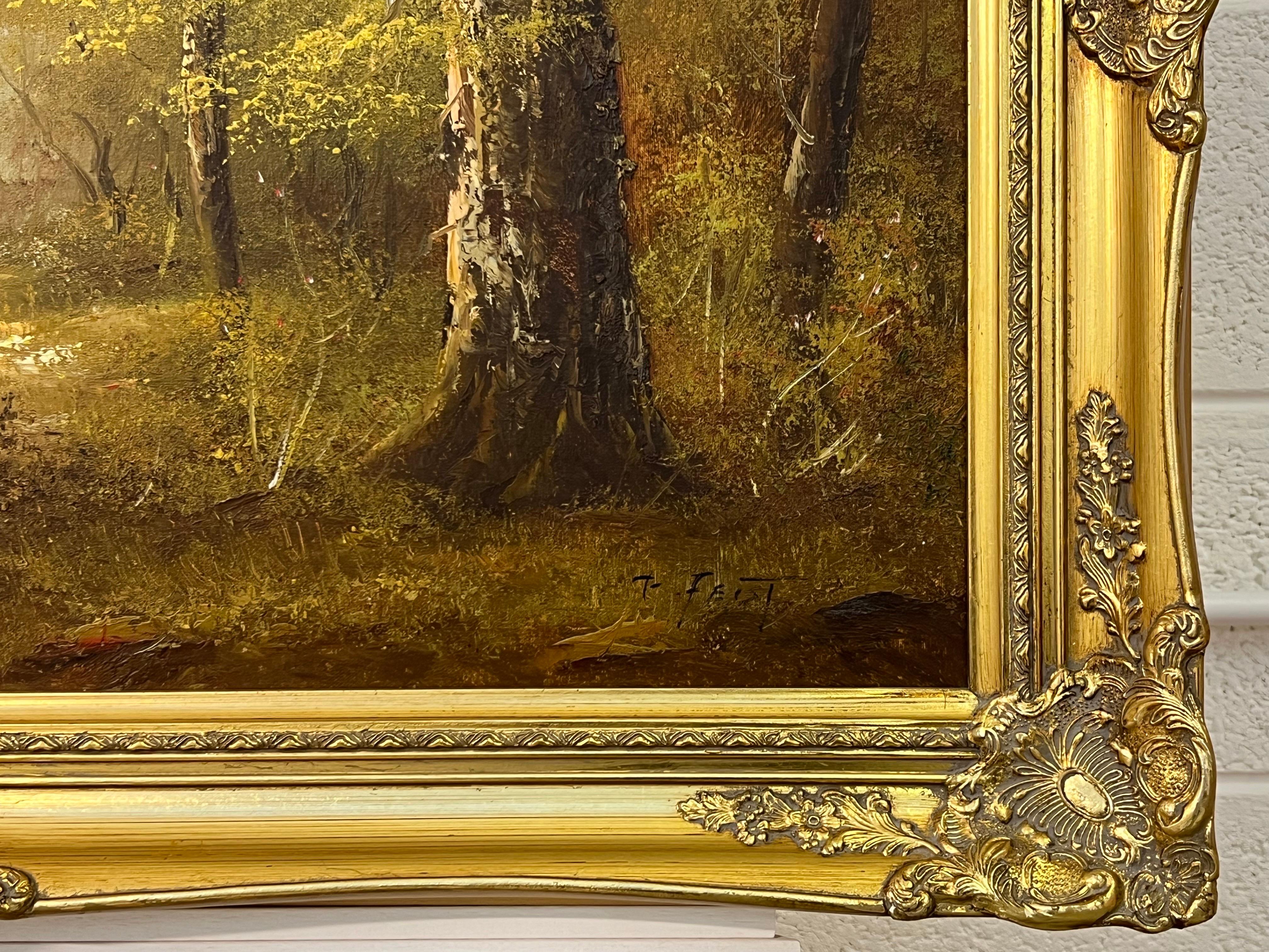 Stimmungsvolles impressionistisches Gemälde eines dichten Waldes in einem europäischen Waldgebiet. Eine gekonnt gemalte Darstellung einer Lichtung in den Bäumen, durch die das Licht auf einen Waldweg fällt. 

Kunst misst 36 x 24 Zoll 
Rahmen misst