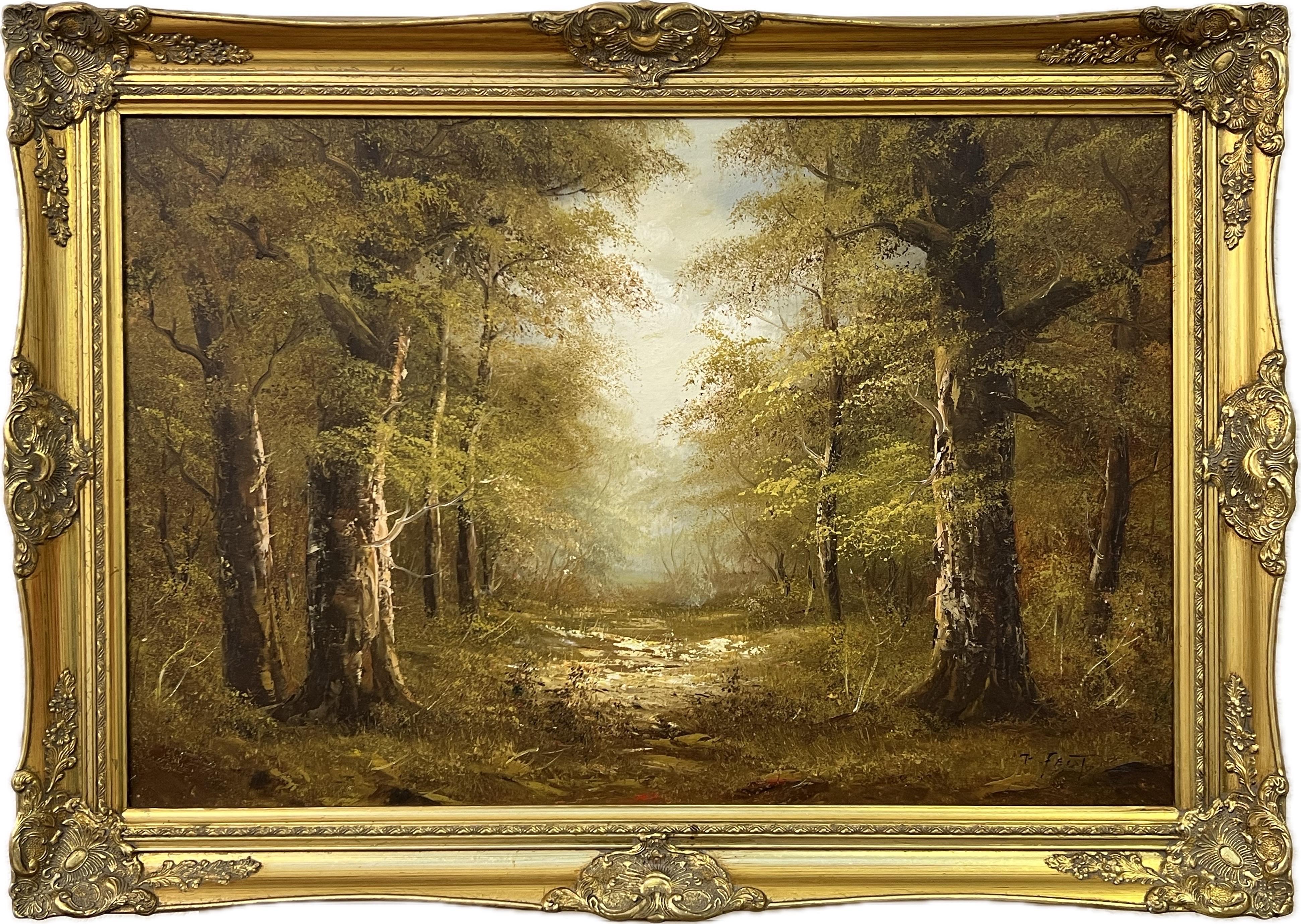 Atmosphärisches impressionistisches Gemälde eines dichten Waldes in europäischem Wald – Mixed Media Art von T Feist