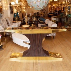 T-Form Brass, Zebra Wood and Lucite Console
