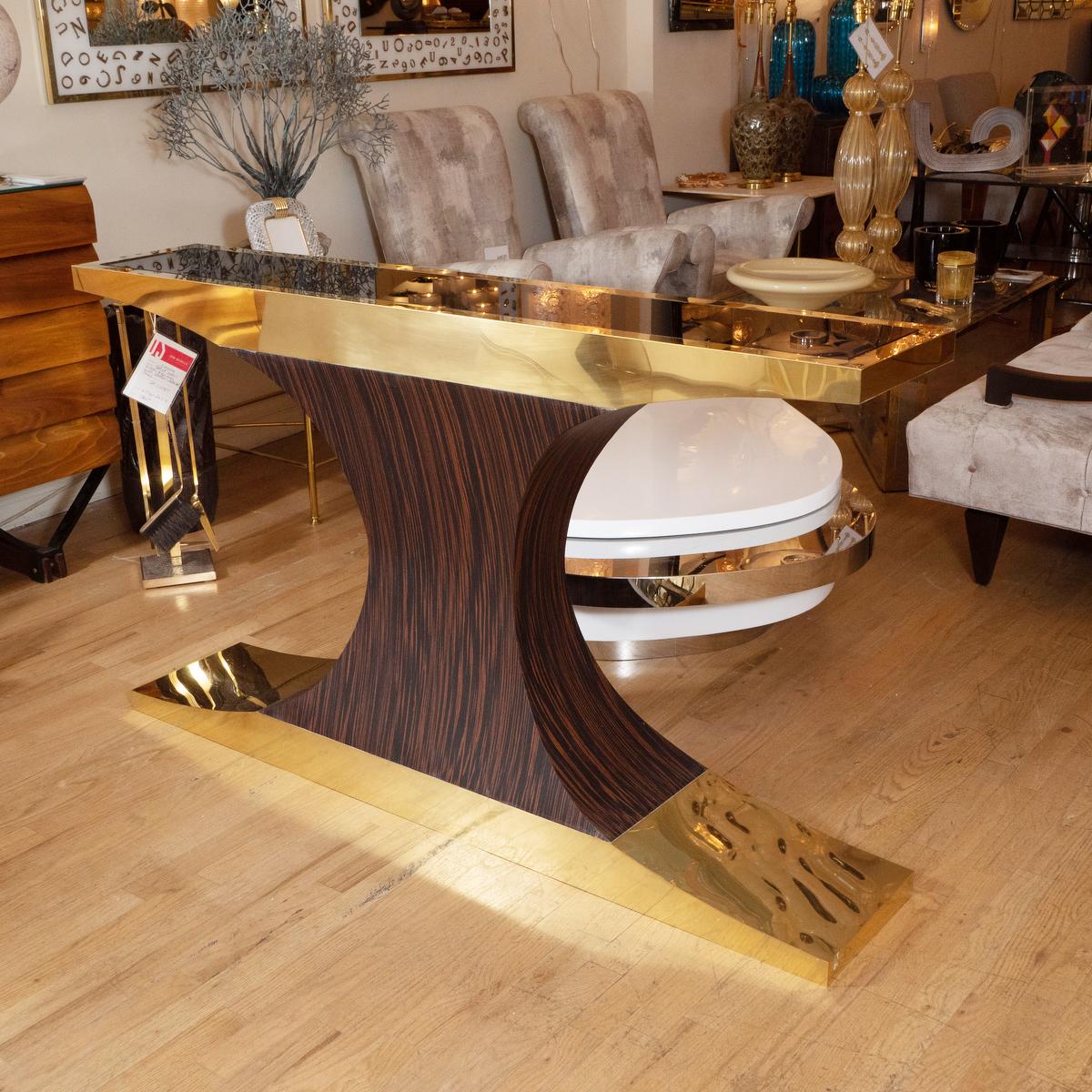 Mid-Century Modern T-Form Brass, Zebra Wood and Lucite Console For Sale
