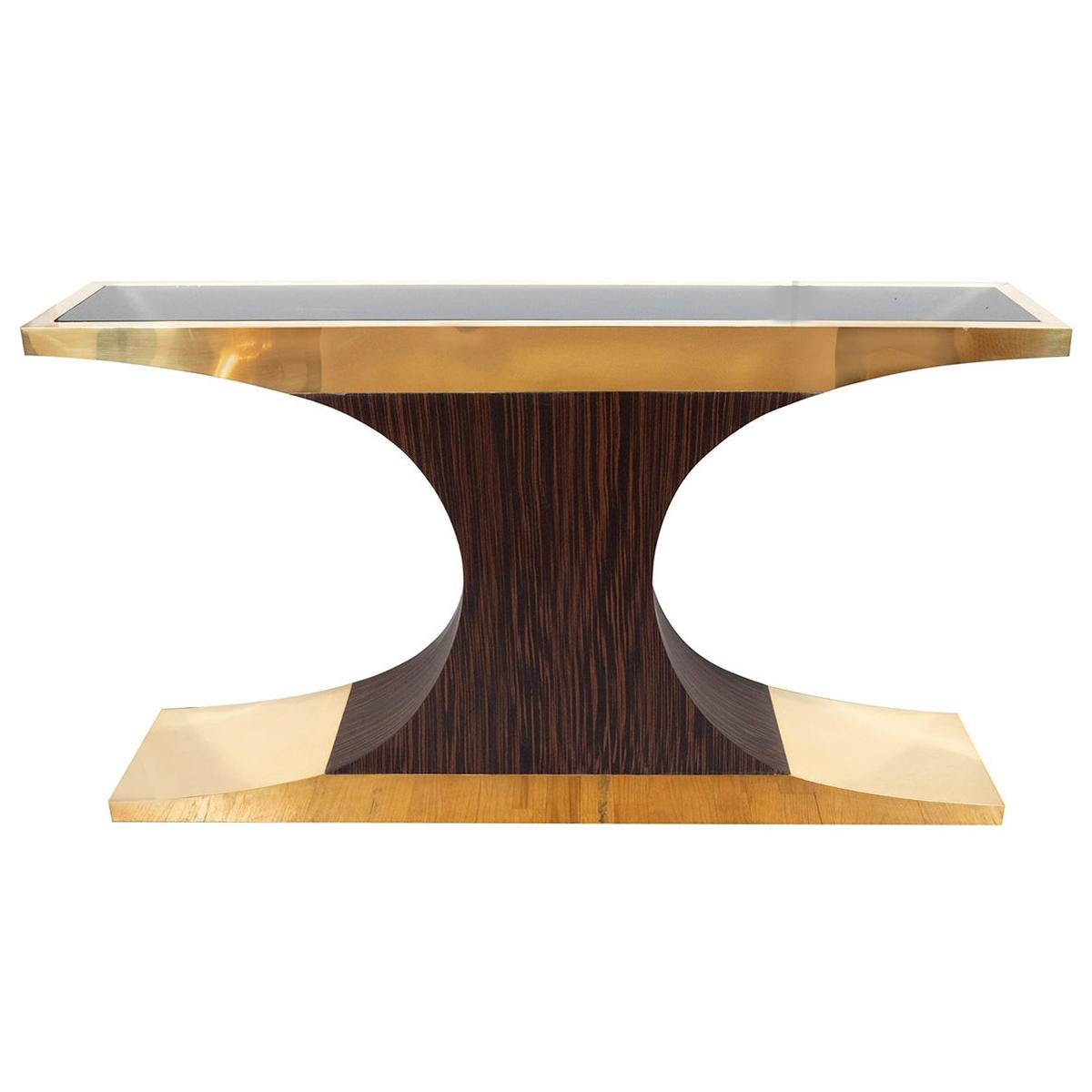 T-Form Brass, Zebra Wood and Lucite Console For Sale