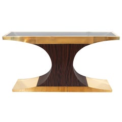 T-Form Brass, Zebra Wood and Lucite Console
