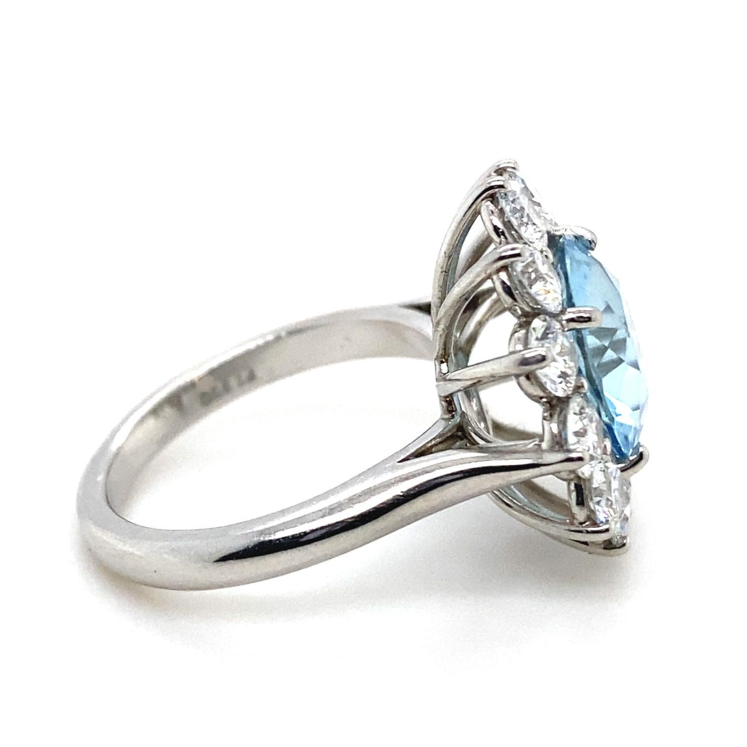 Retro T. Foster & Co Aquamarine and Diamond Cluster Platinum Engagement Ring For Sale