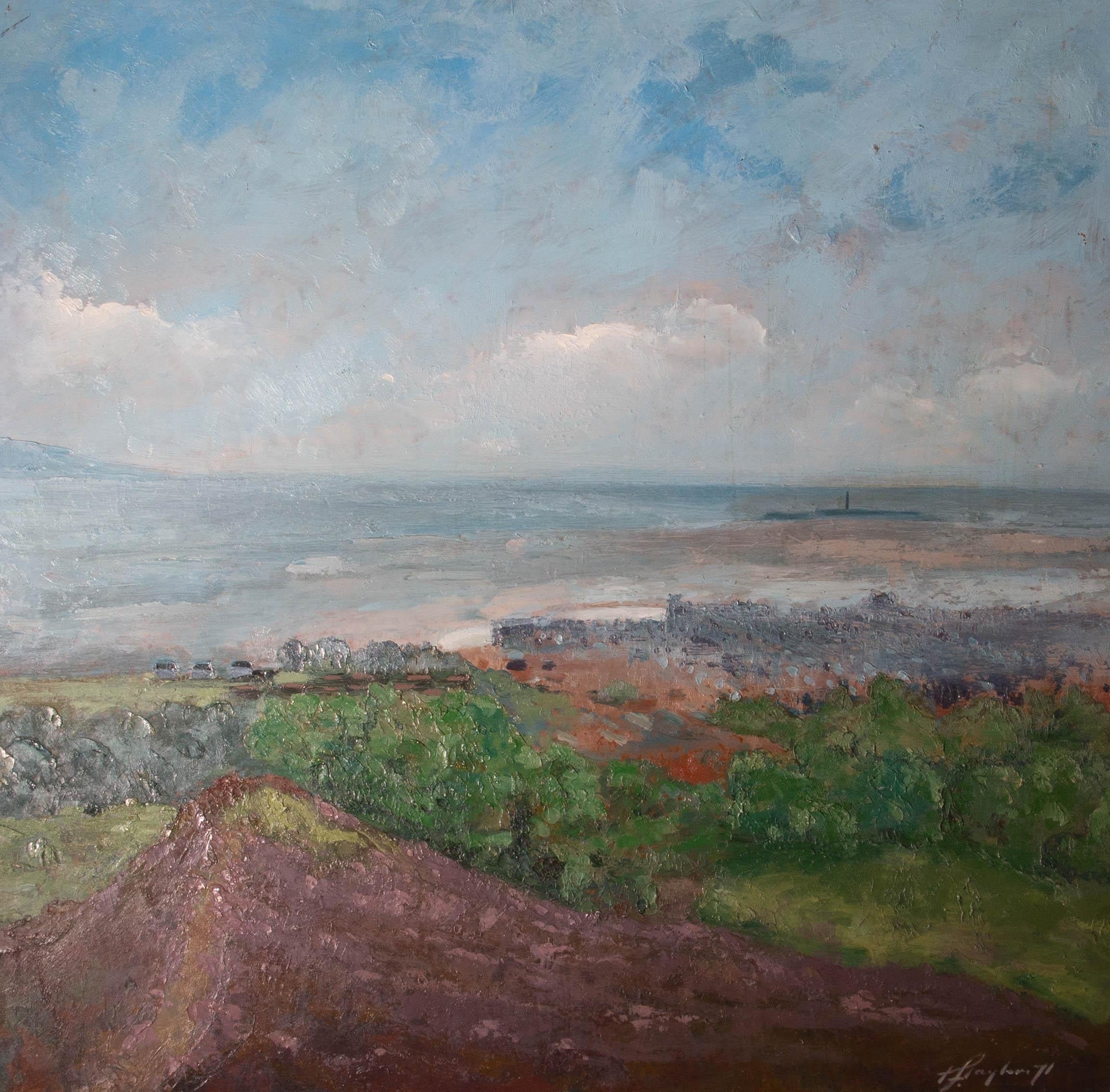 A beautiful coastal view in impasto oil, showing an expansive grassy coastline with a distant lighthouse on a rocky outcrop in the shallows. The artist has signed and dated to the lower right corner. On board.
