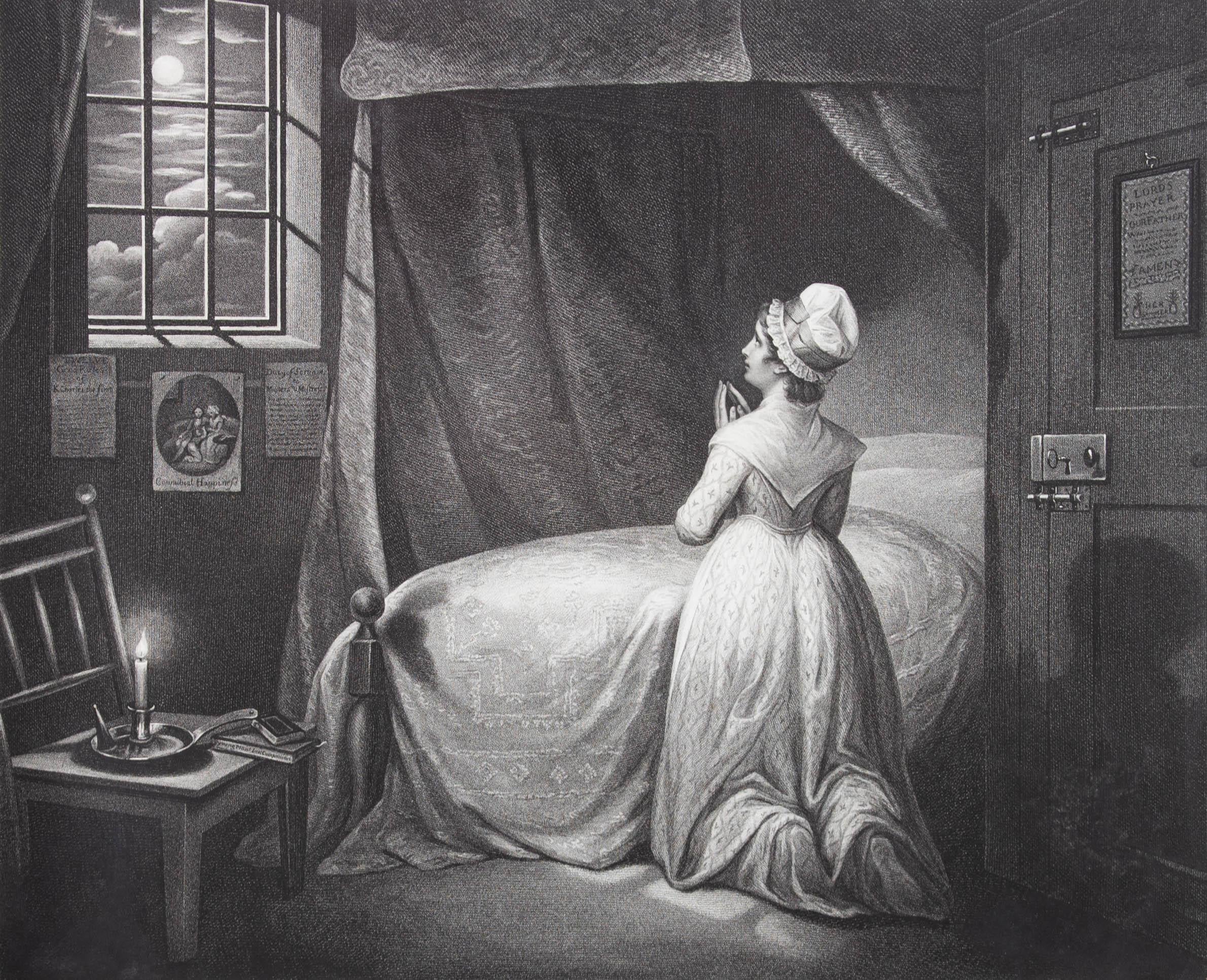 Ein schöner Kupferstich aus dem 18. Jahrhundert, der eine fromme junge Frau zeigt, die am Rande ihres Bettes kniet und betet. Die Szene stammt aus einer Serie von Stichen, die veröffentlicht wurden, um die Unterschiede zwischen dem Leben von