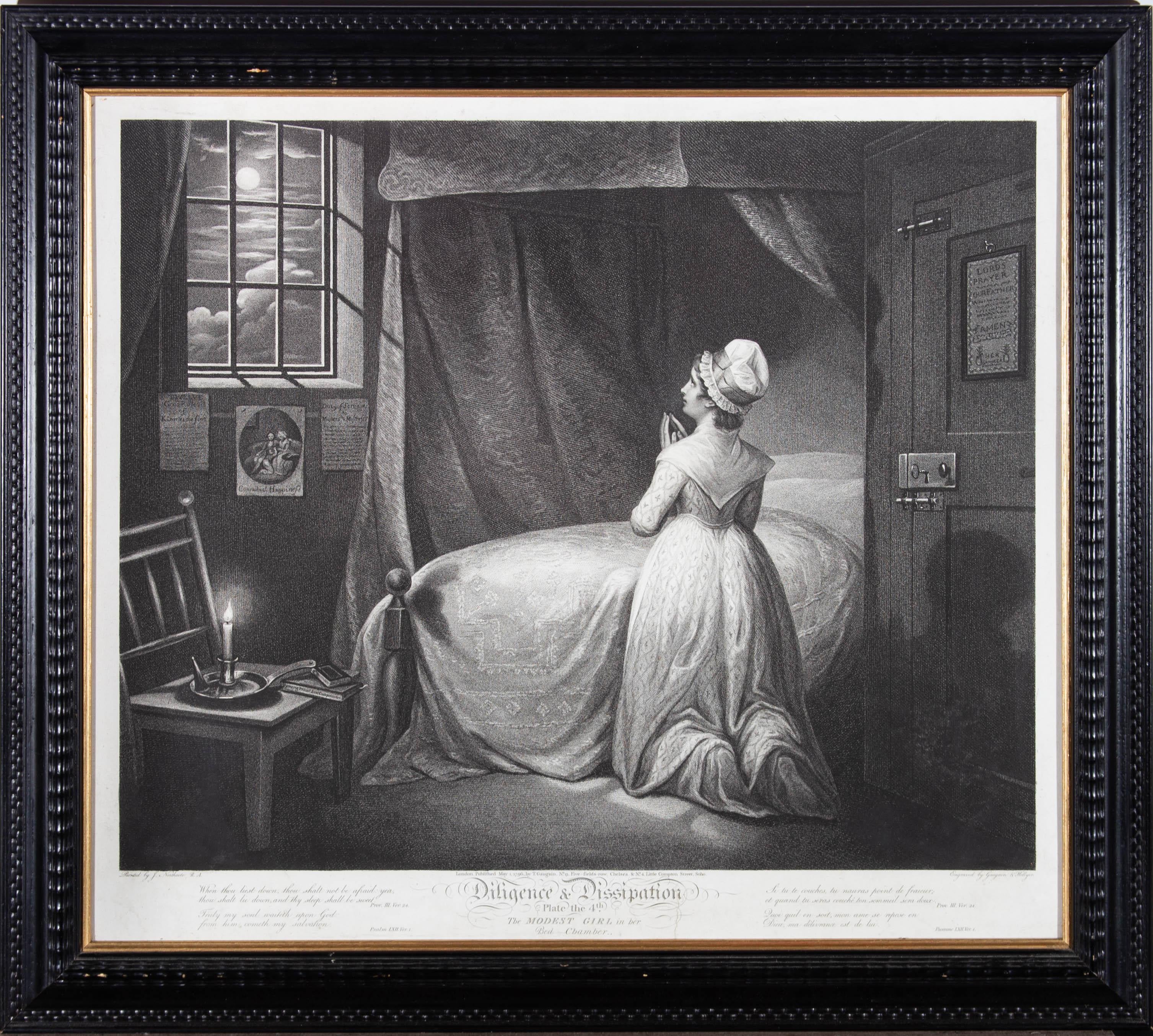T. Gaugain after James Northcote Interior Print – T. Gaugain nach James Northcote – Gravur „Modest Girl In Her Chamber“ aus dem Jahr 1796
