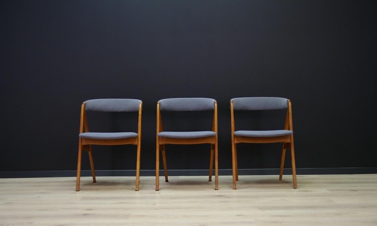 Scandinavian design chairs by T. H. Harlev'a. Manufactured by Farstrup Møbelfabrik. New upholstery (color-gray), teak construction. Preserved in good condition (minor scratches and darker spots on the wooden structure), directly for use.

Price