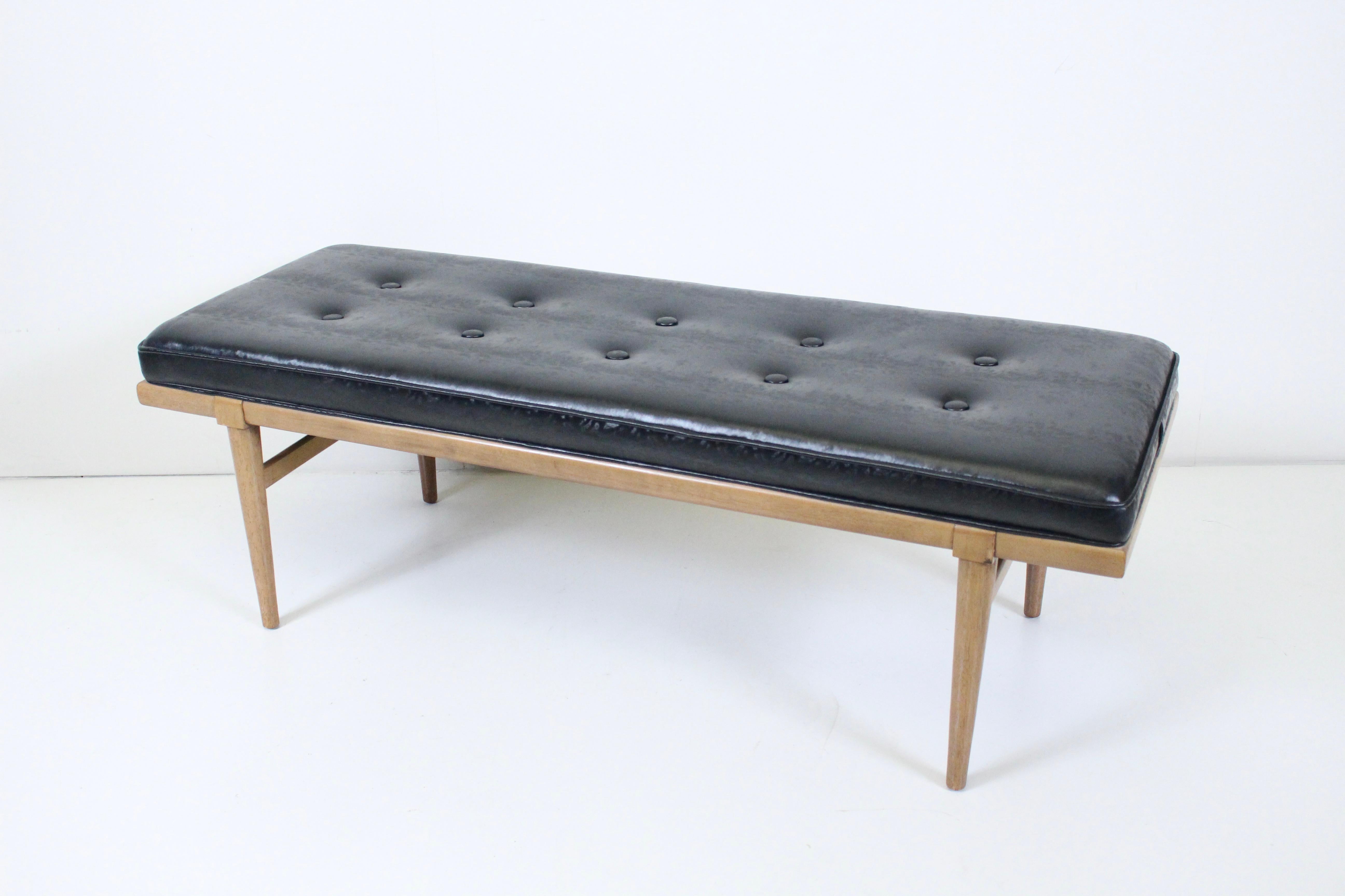 Fabric T. H. Robsjohn-Gibbings Bleached Mahogany & Black Button Tufted Bench, 1950's For Sale
