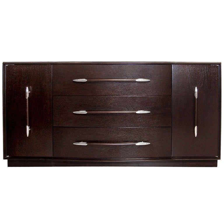 T. H. Robsjohn-Gibbings Ebonize Walnut Dresser / Server with Nickel Pulls In Excellent Condition For Sale In New York, NY