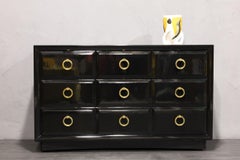 T. H. Robsjohn Gibbings for Widdicomb Black Lacquer Chest with Solid Brass Pulls