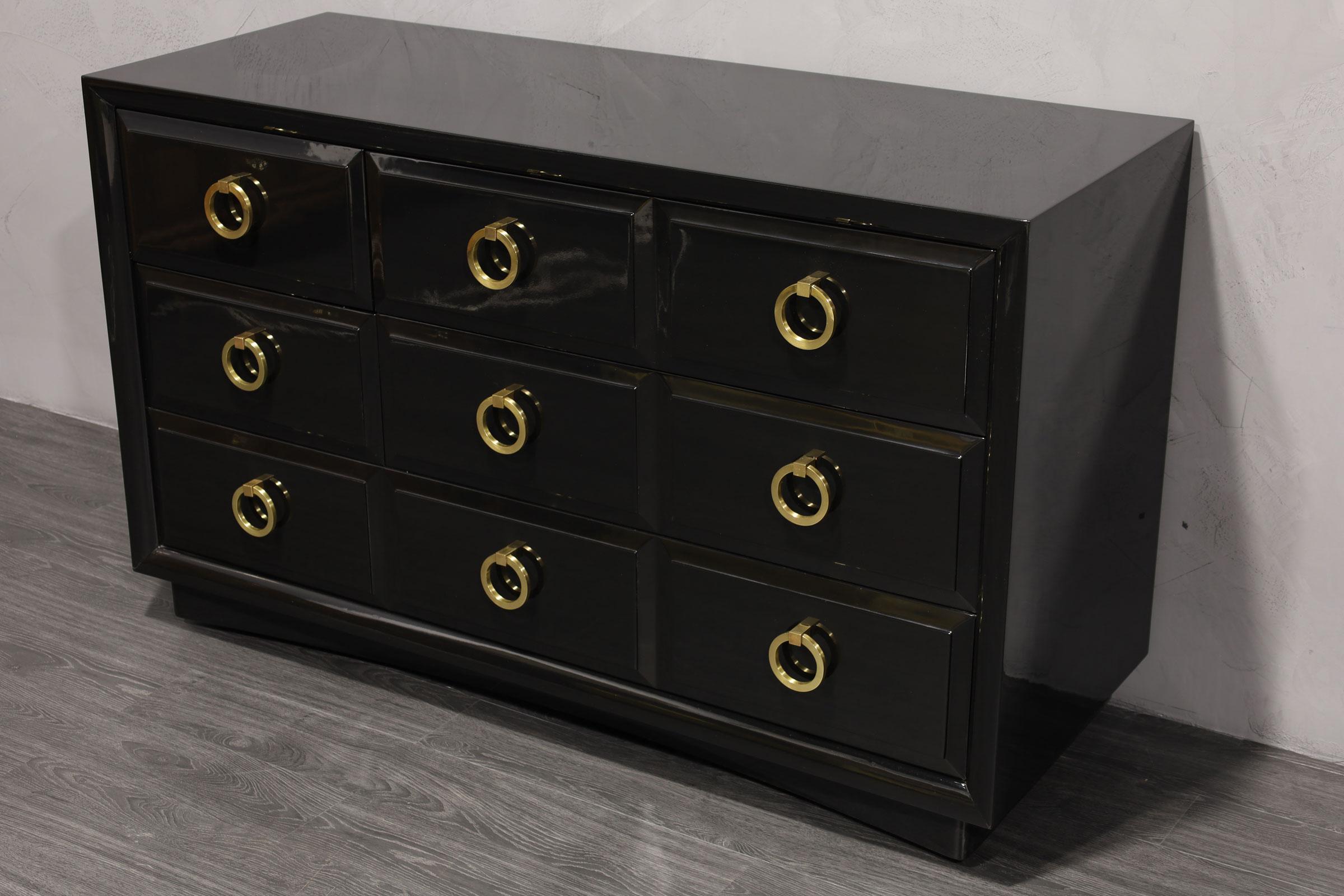 Mid-Century Modern T. H. Robsjohn Gibbings for Widdicomb Black Lacquer Chest with Solid Brass Pulls For Sale