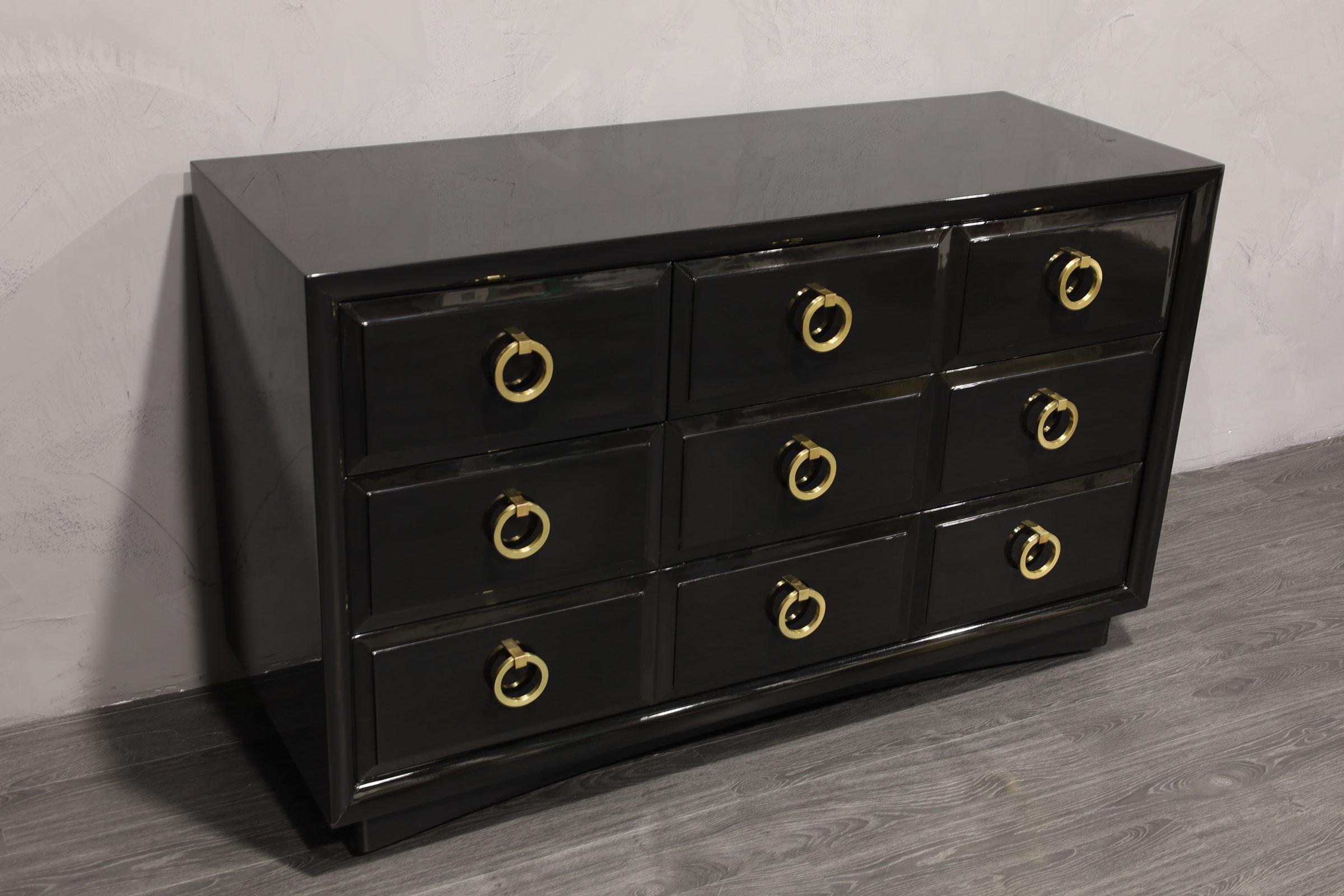 American T. H. Robsjohn Gibbings for Widdicomb Black Lacquer Chest with Solid Brass Pulls For Sale