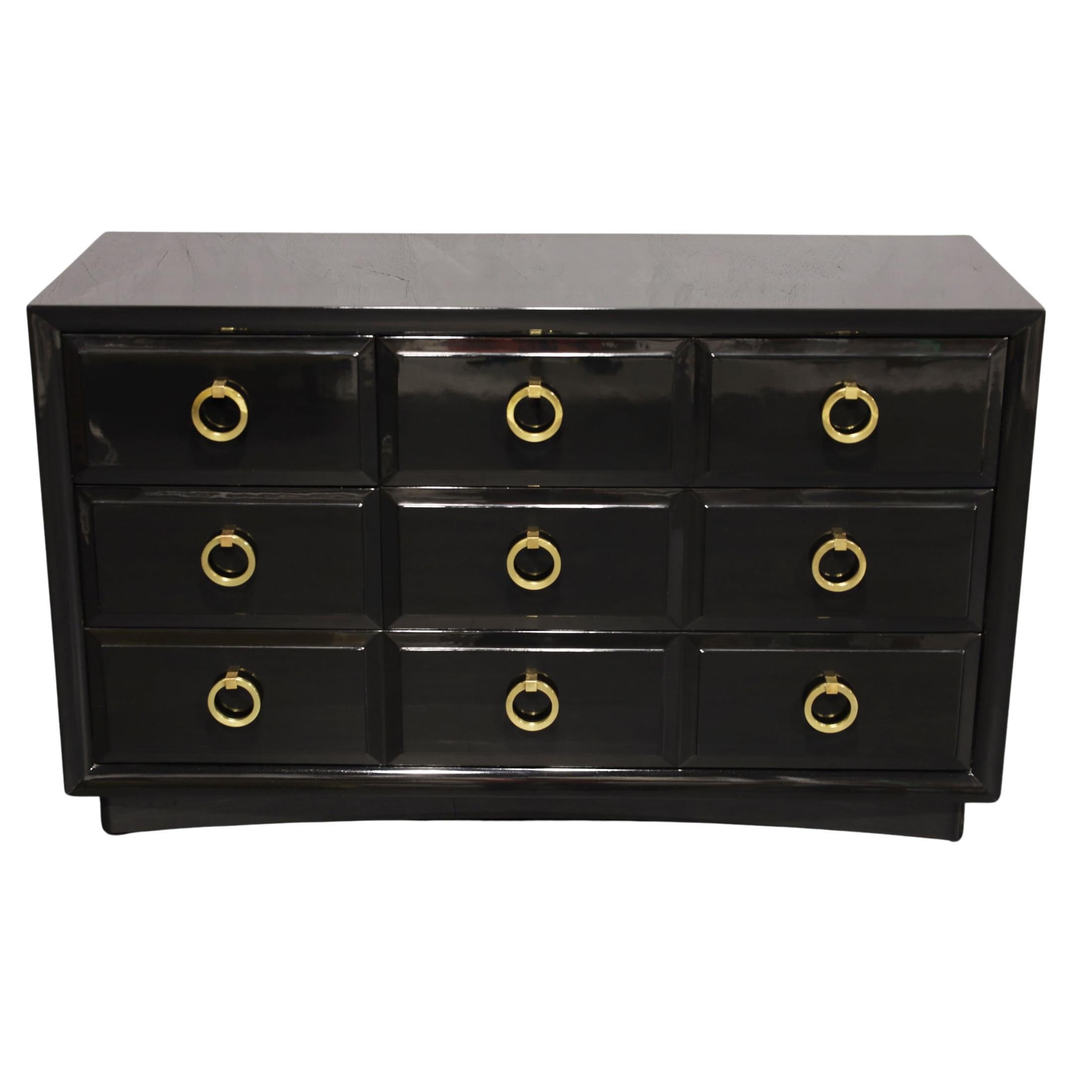 T. H. Robsjohn Gibbings for Widdicomb Black Lacquer Chest with Solid Brass Pulls