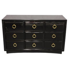 T. H. Robsjohn Gibbings for Widdicomb Black Lacquer Chest with Solid Brass Pulls