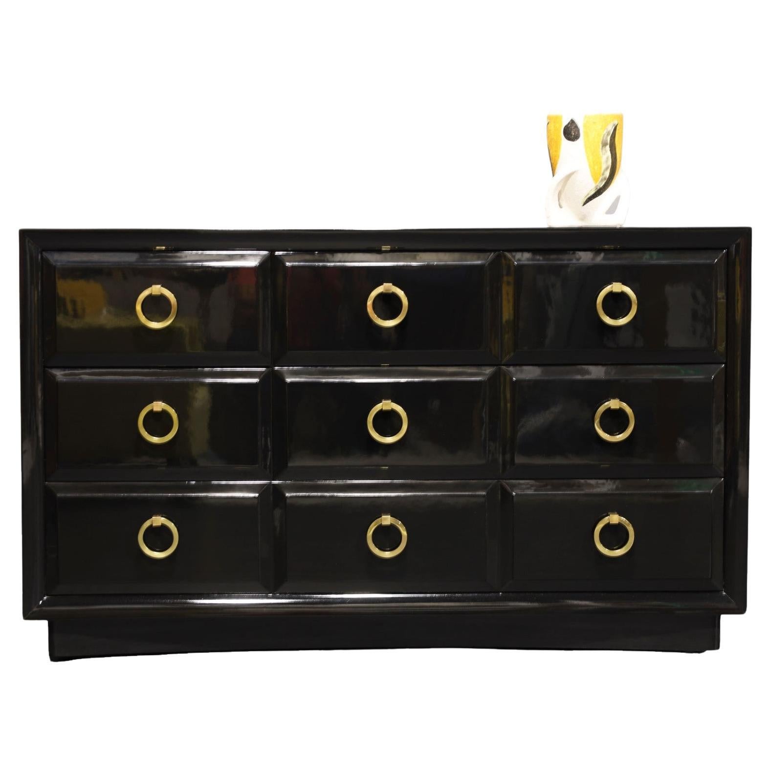 T. H. Robsjohn Gibbings for Widdicomb Black Lacquer Chest with Solid Brass Pulls For Sale