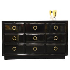 T. H. Robsjohn Gibbings for Widdicomb Black Lacquer Chest with Solid Brass Pulls