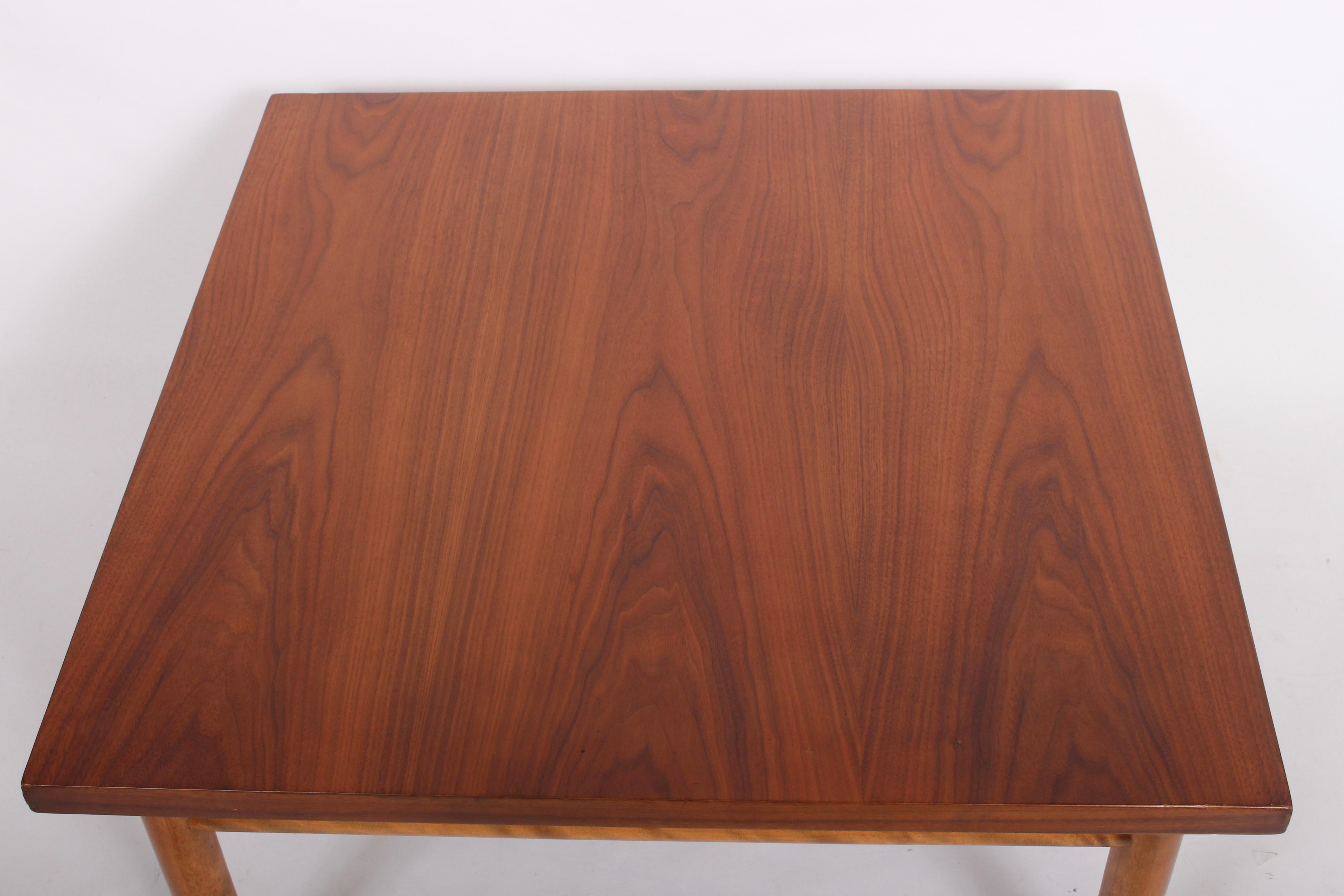 T. H. Robsjohn Gibbings for Widdicomb square mahogany Coffee Table. Side Table. Circa 1960. Featuring a solid board surface, beautifully grained Mahogany veneer, with solid turned mahogany framework and legs. Newly refinished.  Classic. American Mid